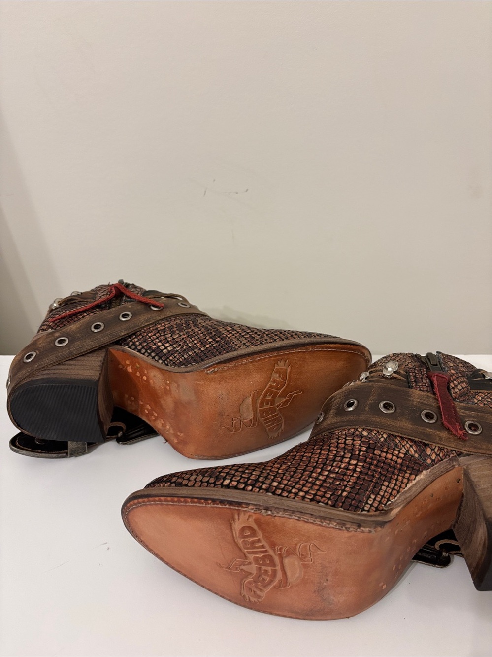 Freebird Saloon Brown Snakeskin-Pattern Ankle Boots with Studded Straps - Picture 4 of 4